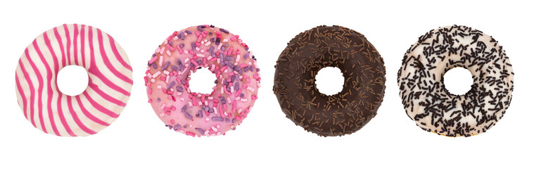 Set of four different glazed donuts isolated on a white background.
