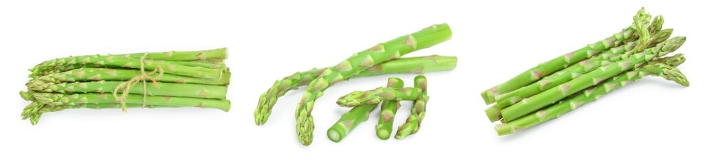 Fresh sprouts of asparagus isolated on white background. Set or collection