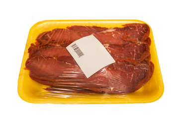 Turkish bacon, pastrami ( kayseri pastirma ) on white background