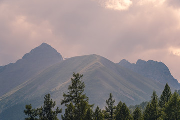 Obraz premium silhouette of mountain range in haze on horizon in mountain valley. Hiking in wild