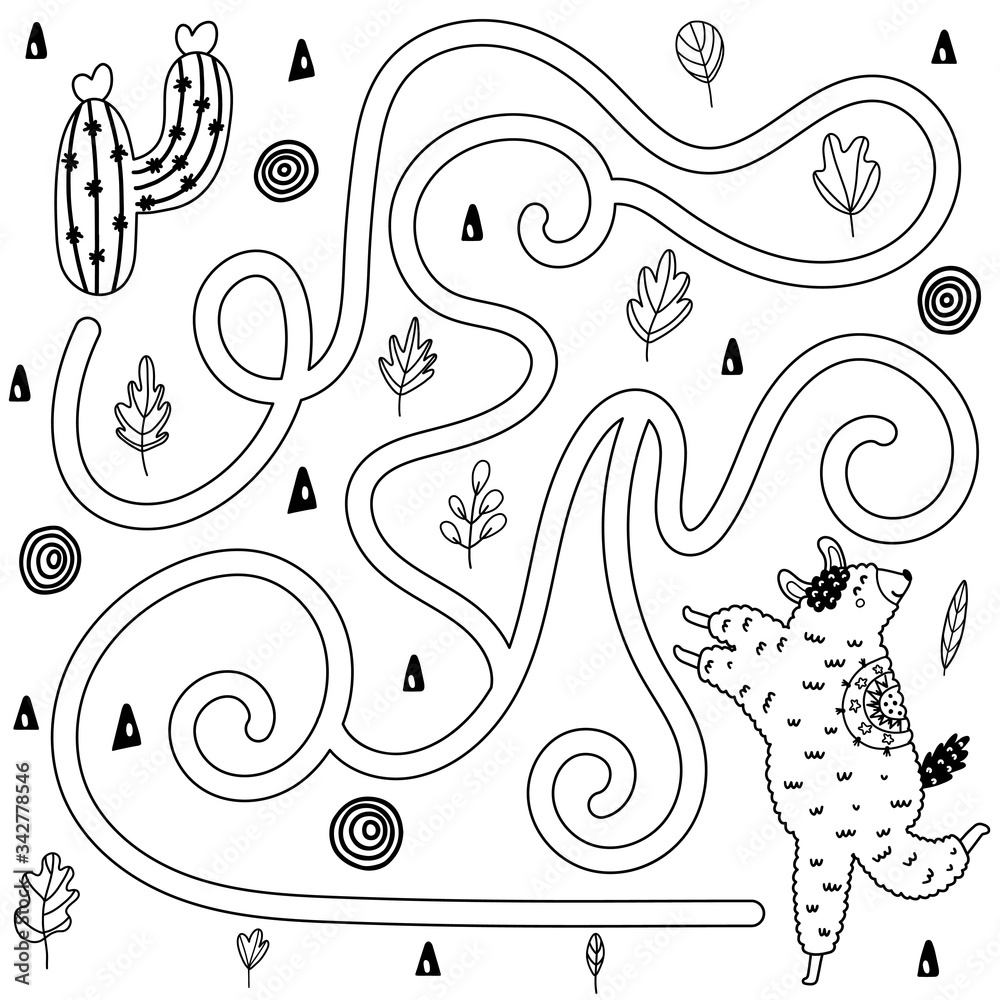 Wall mural help llama to find the way to the cactus. black and white maze game