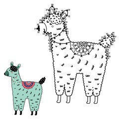 Dot to dot game with funny llama for kids. Connect the dots