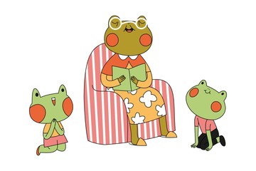 Flat illustration with frog character reading for print design. Isolated vector illustration. Cartoon background. Flat vector character illustration. Vector collection. White background.