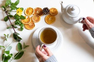 Flatlay photo of tea ceremony, cup of tea at home