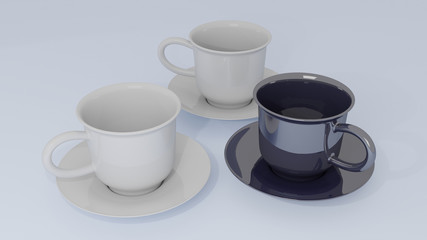 3d render illustration. White ceramic cup isolated on background. coffee and tea cup on disc.