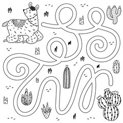 Help the llama find the way to cactus. Black and white maze game for kids © juliyas