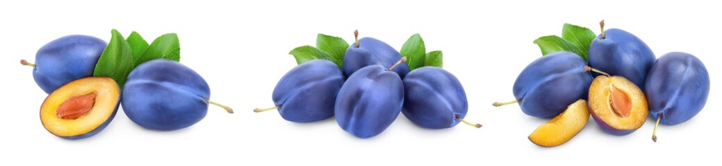 fresh blue plum with leaves isolated on white background. Set or collection
