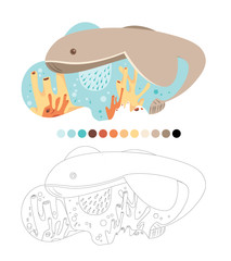 One line of fish coloring. A whale swims near a reef. Underwater life
