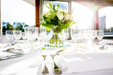 bright wedding table setup