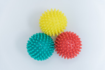 photos of massage balls of different colors. Association with coronavirus. concept. adaptation mutation and variability