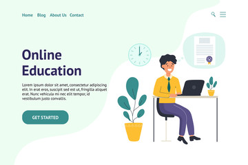 Header for landing page or website with a man surfing internet and learning online