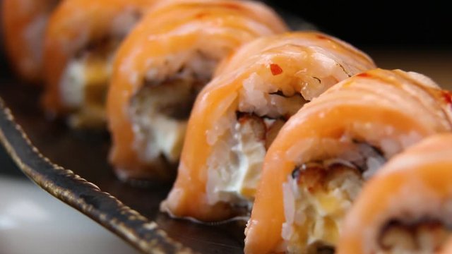 Sushi roll set . Various Sushi japanese food in restaurant.	