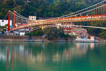 Beautiful Ram Jhula Bridge and Ganga river taken in Rishikesh, India