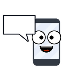 Cheerful mobile phone with smile on screen. Fun Gadget for communication people. Cute Face and eyes of device with white bubble for text. Happy emotions of smartphone on blue monitor
