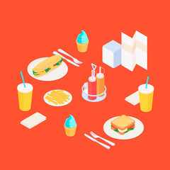Lunch in a restaurant set. Isometric vector illustration in flat design.