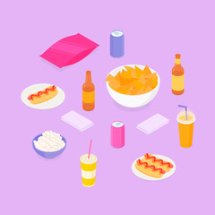 Party food set. Isometric vector illustration in flat design.
