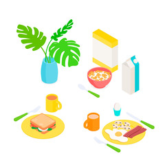 Breakfast set with bowl of cereals. Isometric vector illustration in flat design.