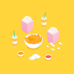 Snacks to have with a movie set. Isometric vector illustration in flat design.