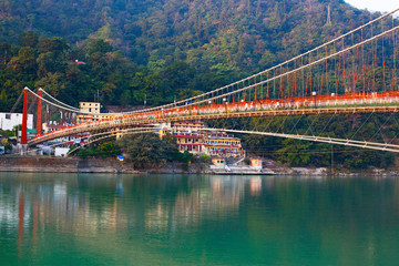 Beautiful Ram Jhula Bridge and Ganga river taken in Rishikesh, India