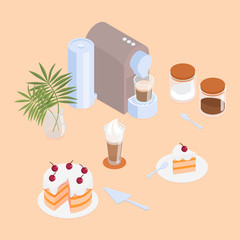 Beige coffee making set with a cake . Isometric vector illustration in flat design.

