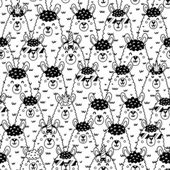 Funny doodle llamas black and white seamless pattern © juliyas