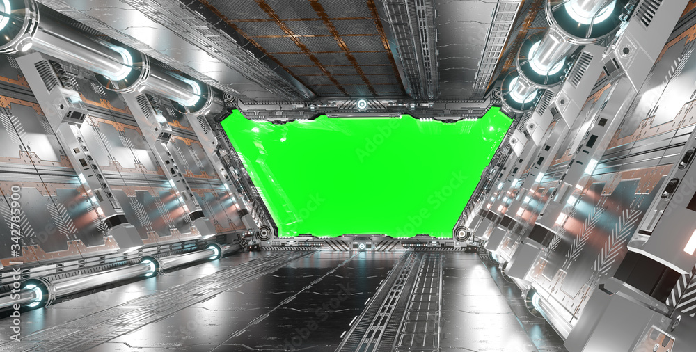 Poster white and silver futuristic spaceship interior with green window 3d rendering