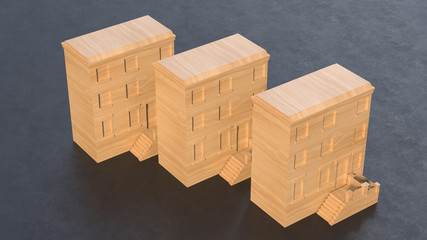 Three wooden low-poly houses with entrances isolated on a black background. 3d render.