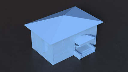 Blue low-poly house with an entrance isolated on black background. 3d render.