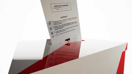 Skrzynia wyborcza, wybory, głosowanie, karty do głosowania, ilustracja w 3D - obrazy, fototapety, plakaty