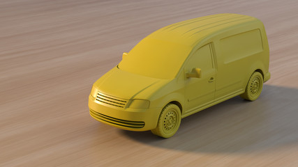 Yellow monochromatic postal service car on the wooden background. 3d render.