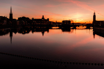 Fototapeta na wymiar Silhouette of Stockholm city skyline at sunset.