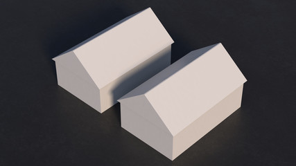 Two White low-poly houses isolated on black background. 3d render.
