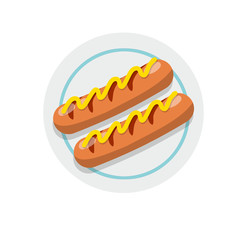 Sausage with ketchup and mustard. Hot dog and kitchen element. Cartoon flat illustration. Set of meat food with sauce
