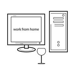 Computer and a glass and the inscription on the screen work from home. eps ten