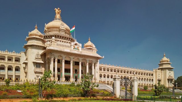 Bangalore, India. View of Government office building (Suvarna Vidhana Soudha) in sunny day.