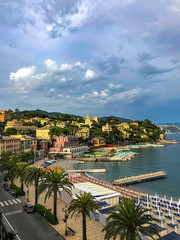 Naklejka premium Beautiful panorama of Santa Margherita Ligure harbor and promenade on the Italian Riviera. Beautiful mediterranean landscape, Italy, Liguria, Genoa, Europe.