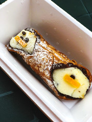 Close-up of cannoli, topped with mango and chocolate chips. Famous Italian pastry consists of tube-shaped shells of fried pastry dough, filled with a sweet, creamy filling.