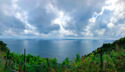 Beautiful landscape of Mediterranean turquoise sea and green mountains with vineyards visible from the hiking Cinque Terre trail from Vernazza to Monterosso al Mare in Italy.
