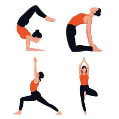 Set of beautiful girls doing yoga on an isolated white background. Colorful vector stock illustration. Website design concepts, icons for quarantined homework. Slenderness, health, sport, habit.