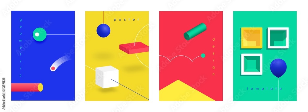 Poster abstract 3d posters. isometric futuristic technology banners with geometric gradient shapes. vector 
