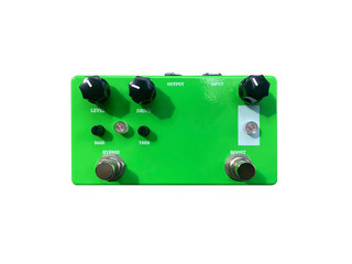Isolated lemon green vintage overdrive stomp box effect on white background with work path.