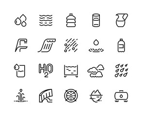 Naklejka premium Water line icons. Bottle and glass of liquid, rain drops clouds and shower, water sources such as iceberg geyser, water tank and barrel. Vector illustration black sign, pictogram on white