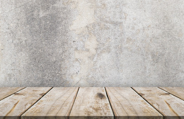 Blank wooden top display shelf table counter on white cement wall for mock up template product