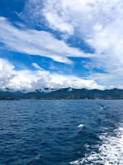 Beautiful cloudscape over the Mediterranean sea. Scenic view of Santa Margherita Ligure on the Italian Riviera overlooking the Gulf of Tigullio., Italy, Europe.