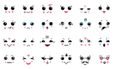 Kawaii set. Cartoon Japanese cute emoticons, smile laugh anger and cry emotions with big black eyes. Vector illustrations funny anime expressions, face element concept