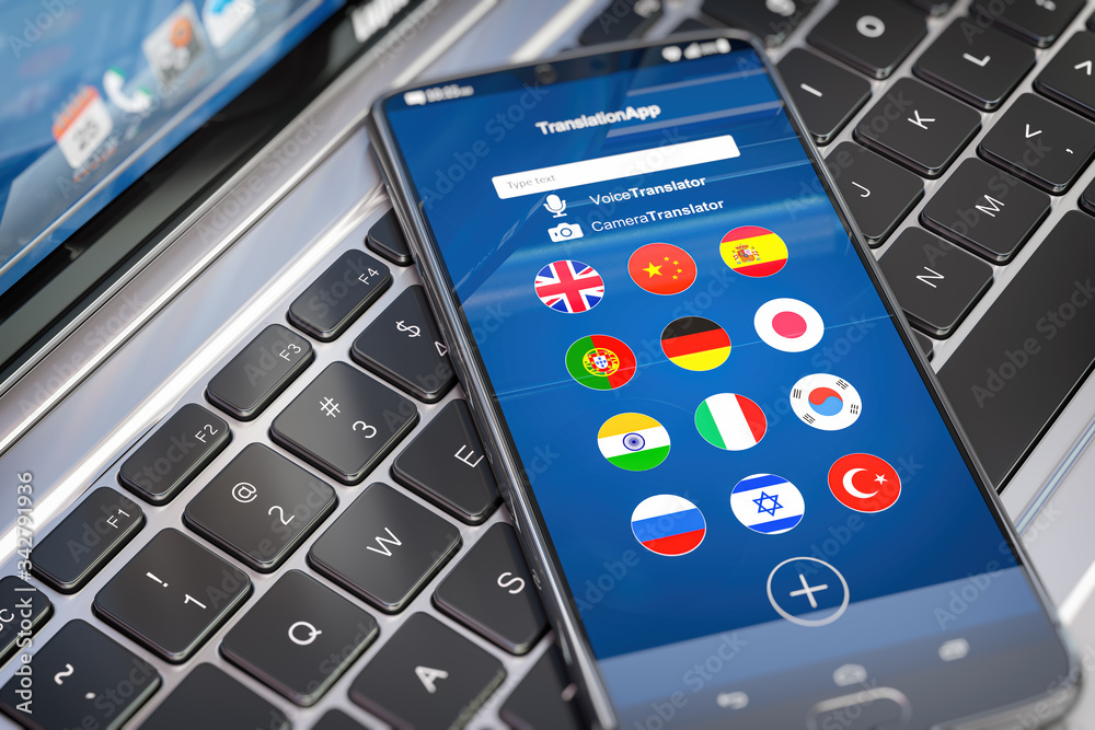 Poster Foreign languages translation or learning languages online. Mobile phone or smartphone with dictionary app on the screen.