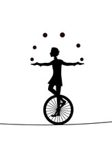 boy juggler, he juggles balls with unicycle on the rope, circus silhouette, shadow story, © fona