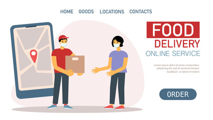 Delivery man and medical mask with package of food and young woman in mask, order tracking, Vector flat  illustration, design online food delivery service concept. Template for website, landing page 