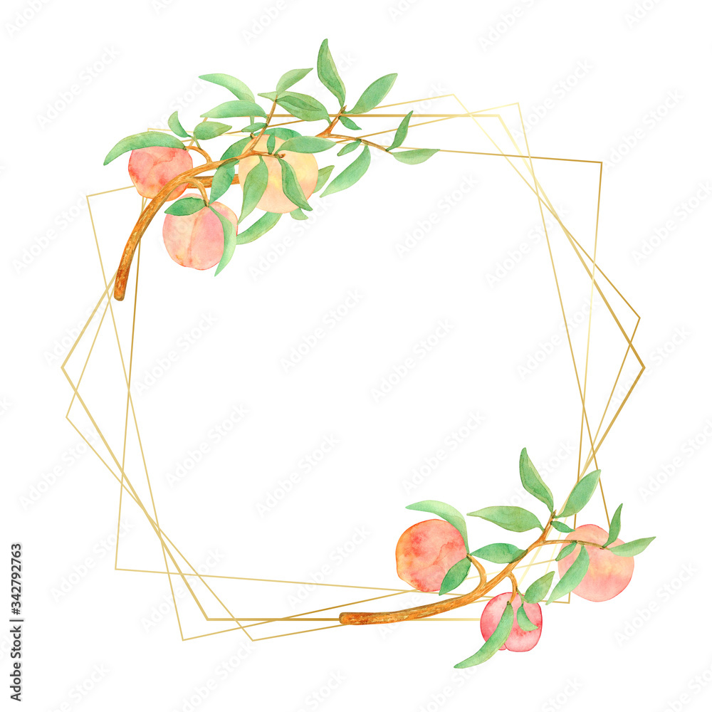 Wall mural golden polygonal frame with hand-painted watercolor peaches branches isolated on white background. f