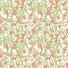 Hand-drawn watercolor seamless pattern with peach branches on a white background. The print with pink peaches on the branches is suitable for fabrics, paper and wallpaper.
